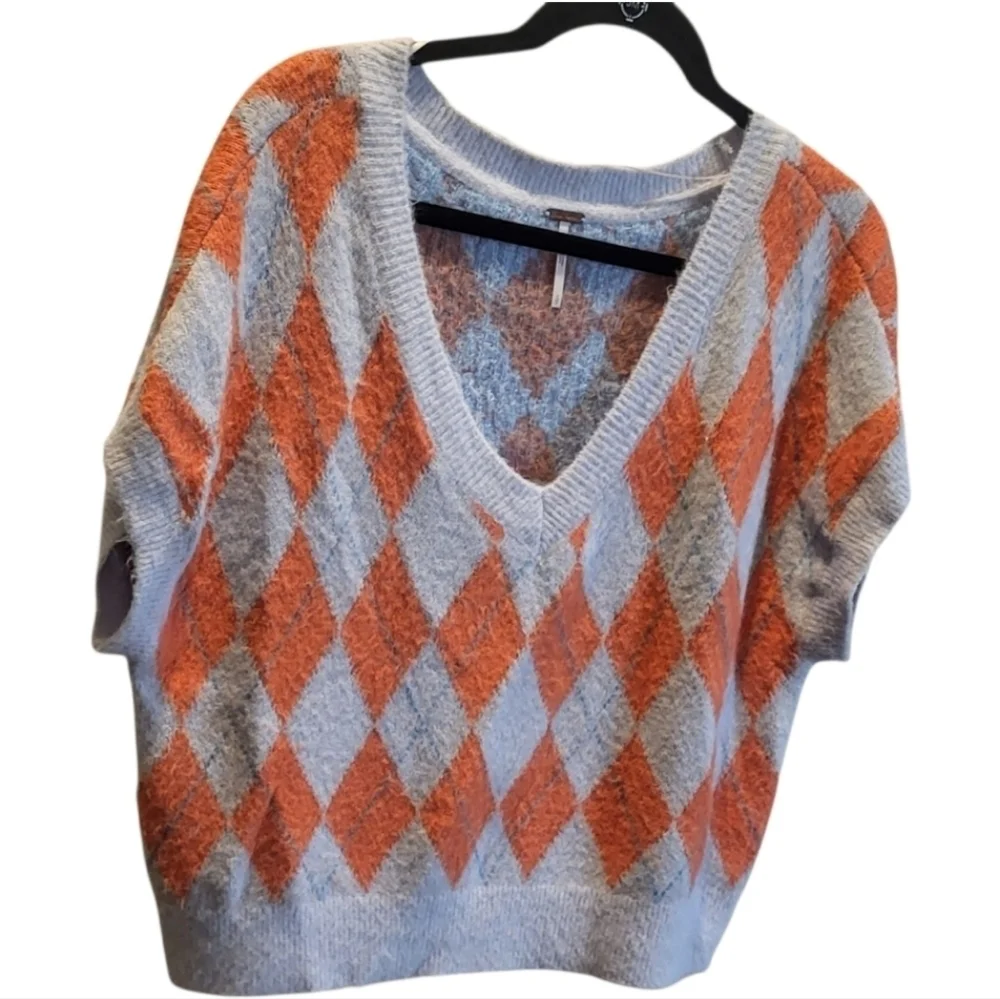Free People Argyle V-NeckSweater Vest Blue & Orange Size Small